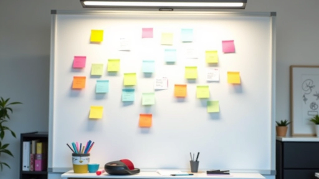 Tableau blanc avec des notes adhésives colorées et des croquis de storyboard pour un projet d'animation